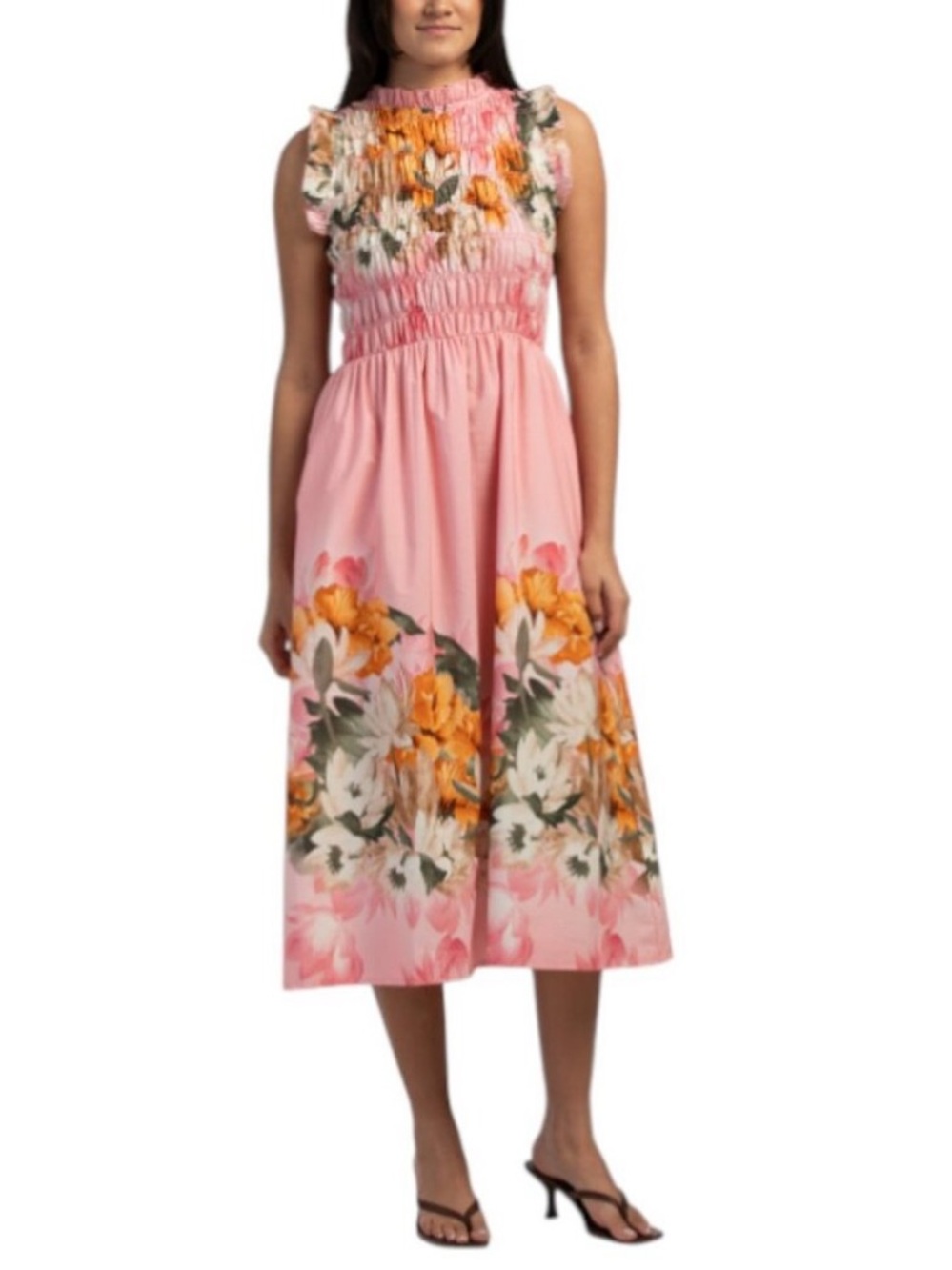 Sleeveless Pink Floral Smocked Midi Dress